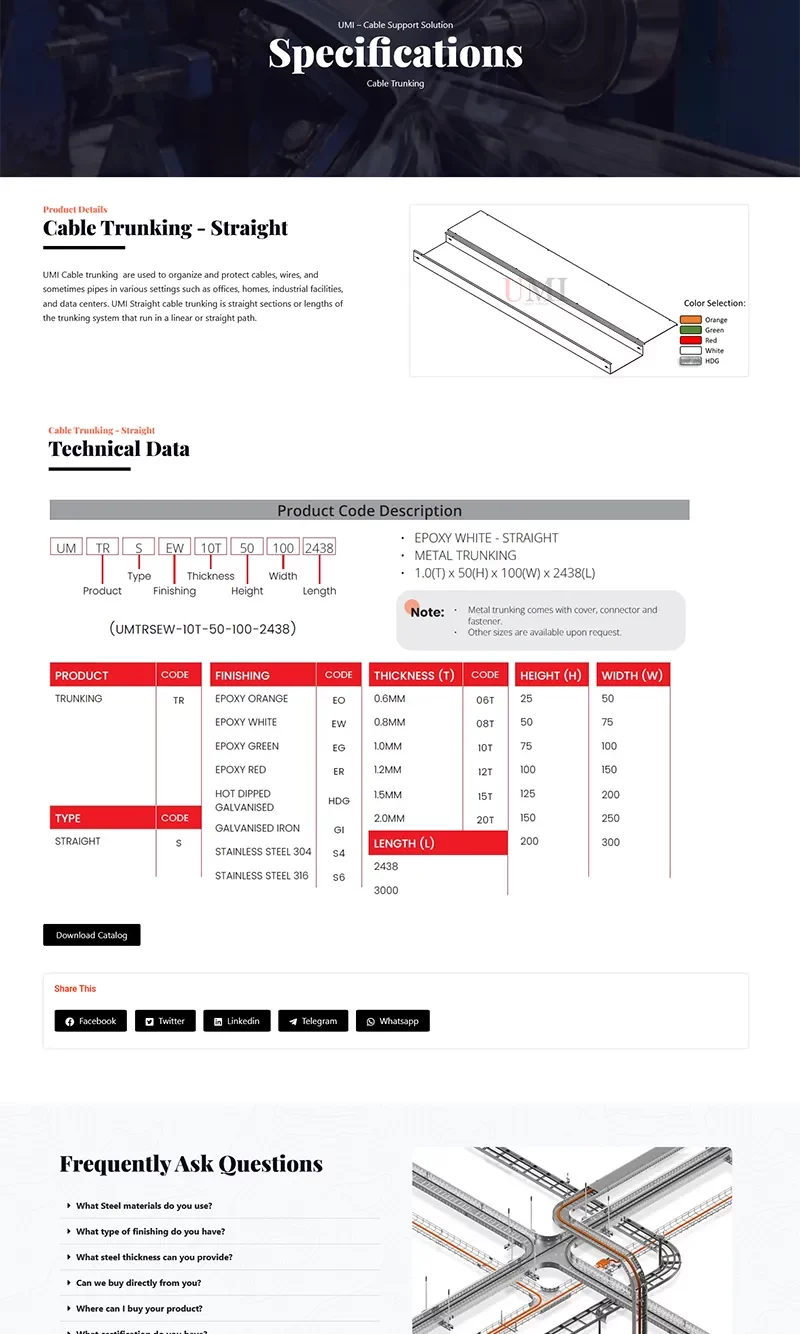 Cable trunking specifications and FAQ page screenshot.