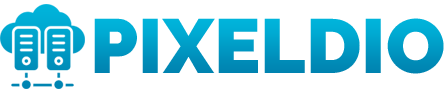 PixelDio logo with blue and turquoise design.